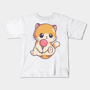 Cute kitten holding a lollipop Kids T-Shirt